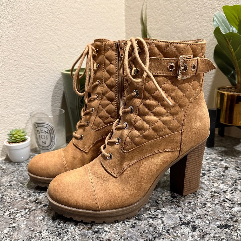 G By Guess Lace up Combat Boots High Heel Quilted